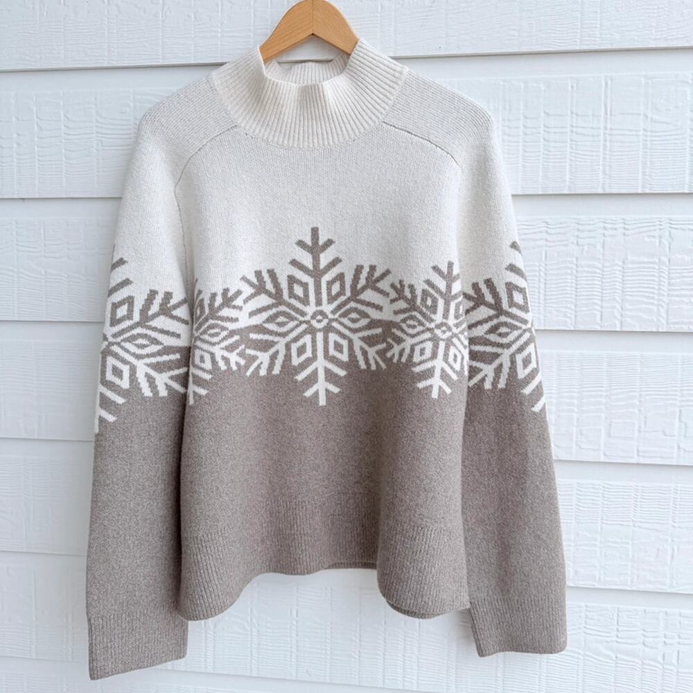 LOFT Taupe White Snowflake Cozy Sweater Large